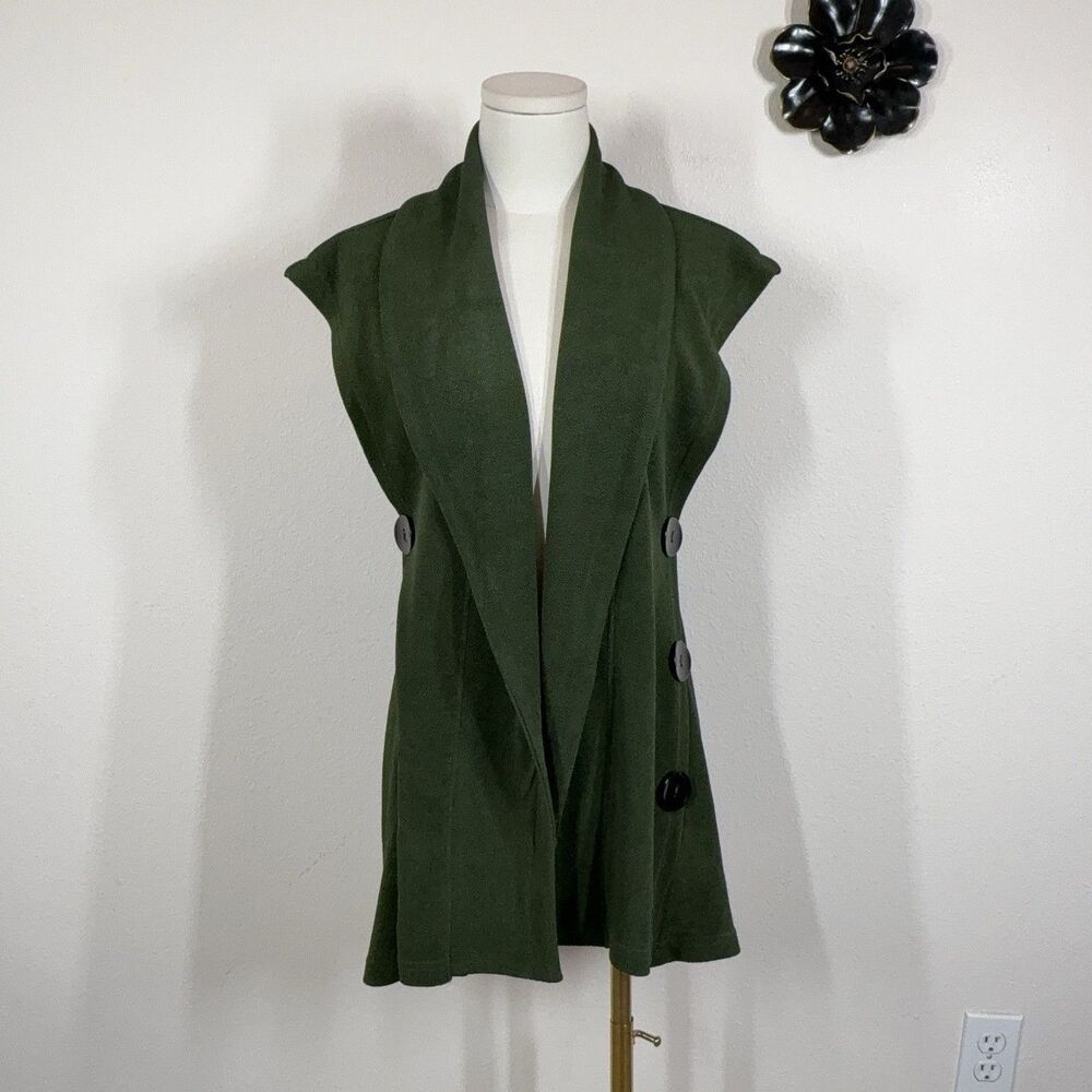 Soft Surroundings Vest Womens M Green Button Shawl Collar Crepe Longline Boho
